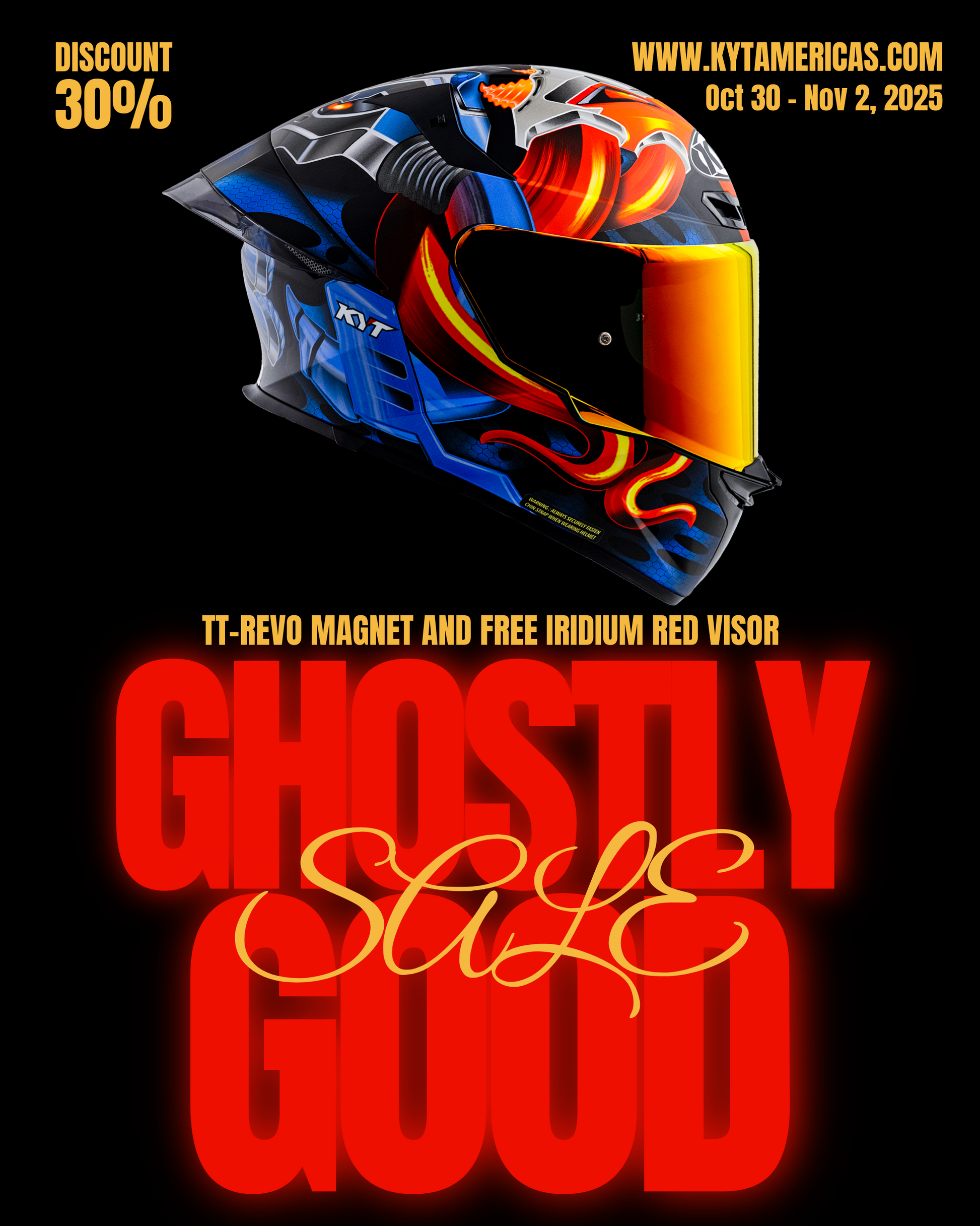 KYT TT-REVO Magnet colorway motorcycle helmet with promotional text for the 2025 Halloween sales event on a black background