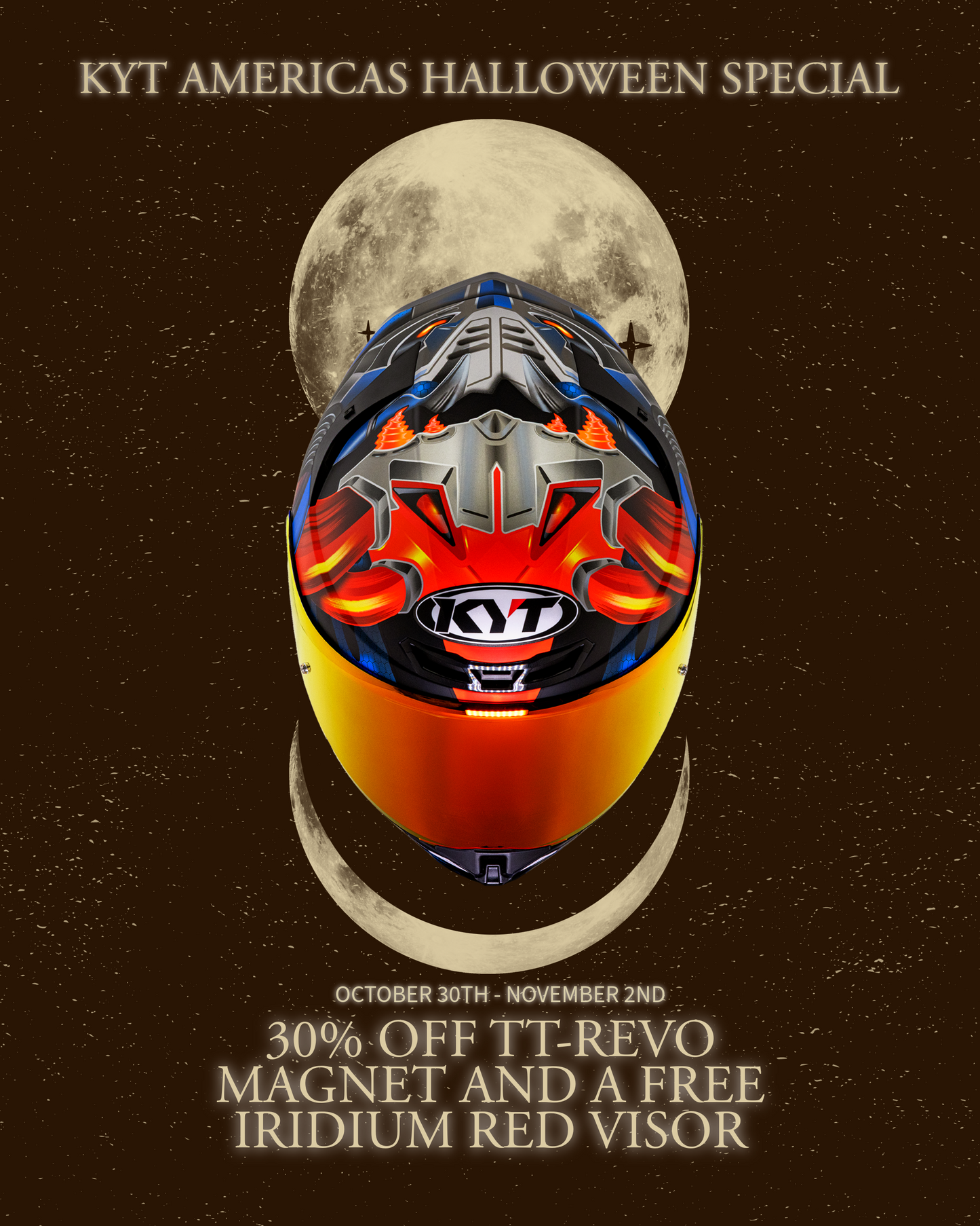 Promotional poster for KYT Americas 2025 Halloween Special with a KYT TT-REVO Magnet colorway helmet design on a dark background.