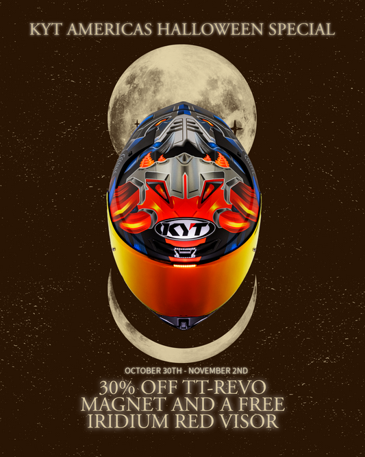 Promotional poster for KYT Americas 2025 Halloween Special with a KYT TT-REVO Magnet colorway helmet design on a dark background.