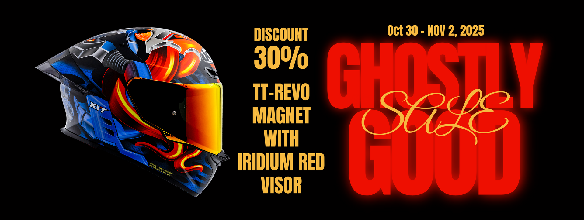 Website banner for KYT TT-REVO Magnet colorway motorcycle helmet with promotional text for the 2025 Halloween sales event on a black background