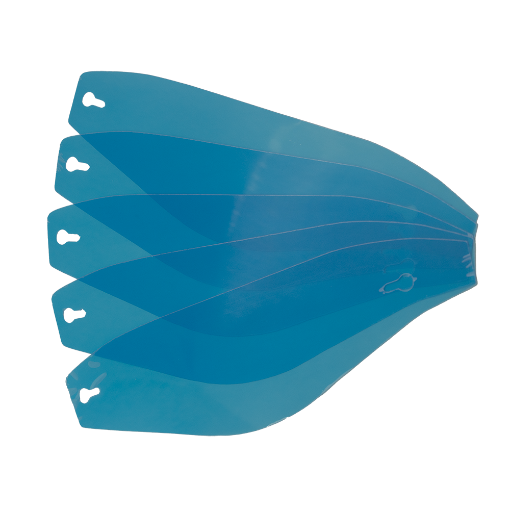 Top view of 5 race tear-offs fanned out