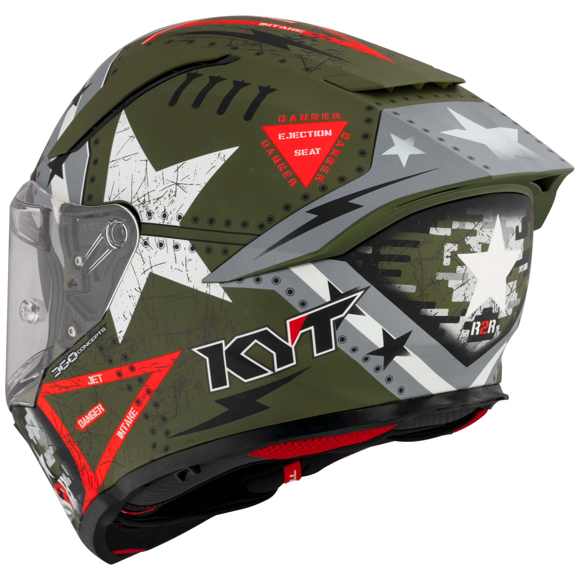 Front Left Quarter View of KYT R2R Assault Matte Army Green Motorcycle Helmet