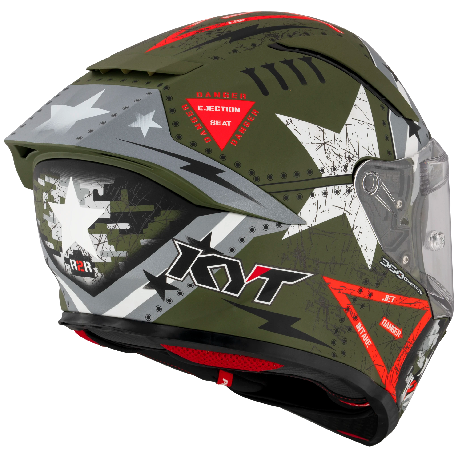 Rear Right Quarter View of KYT R2R Assault Matte Army Green Motorcycle Helmet