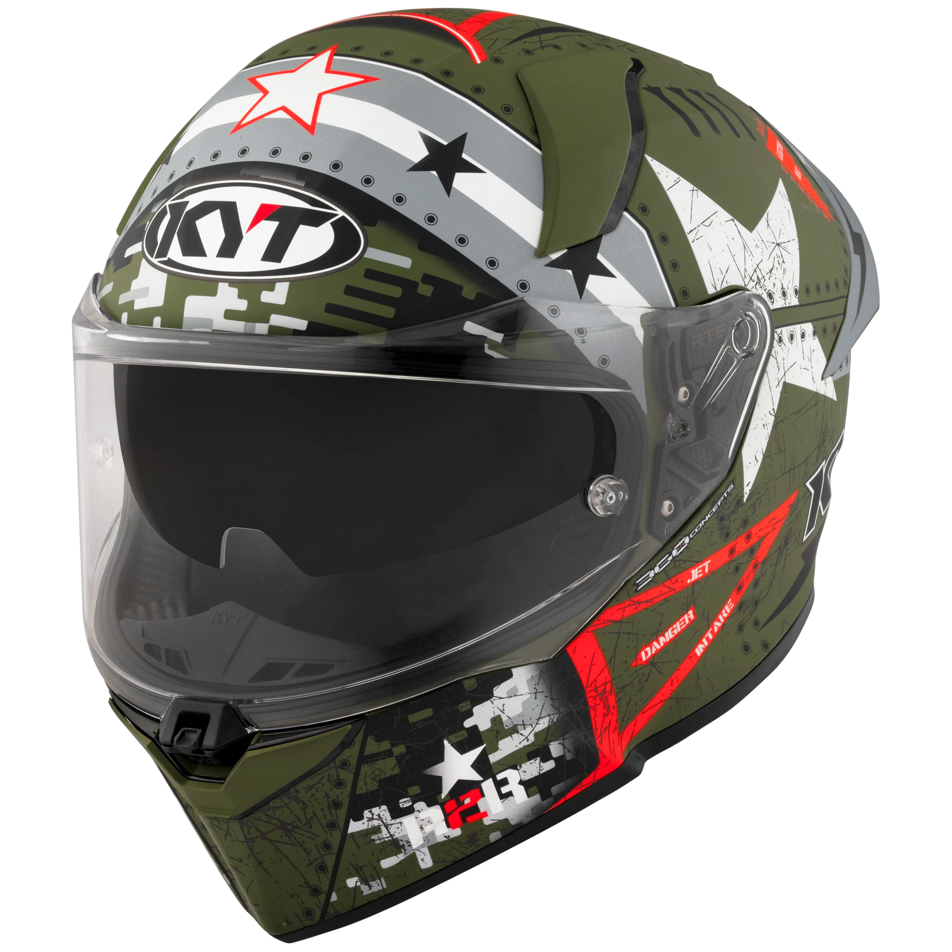 Front Left Quarter View of KYT R2R Assault Matte Army Green Motorcycle Helmet