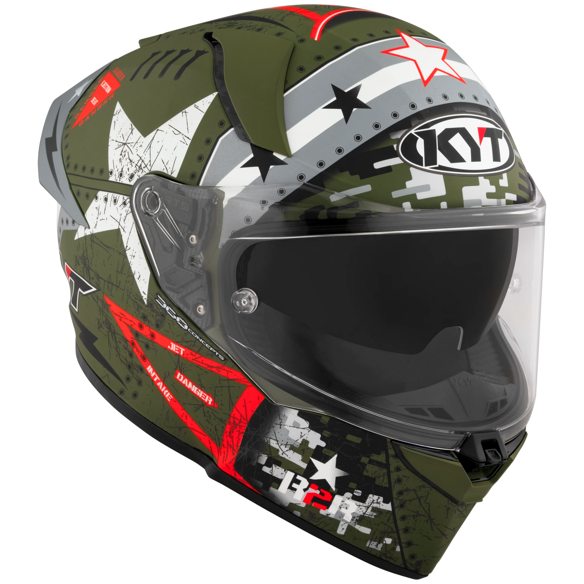 Front Right Quarter View of KYT R2R Assault Matte Army Green Motorcycle Helmet