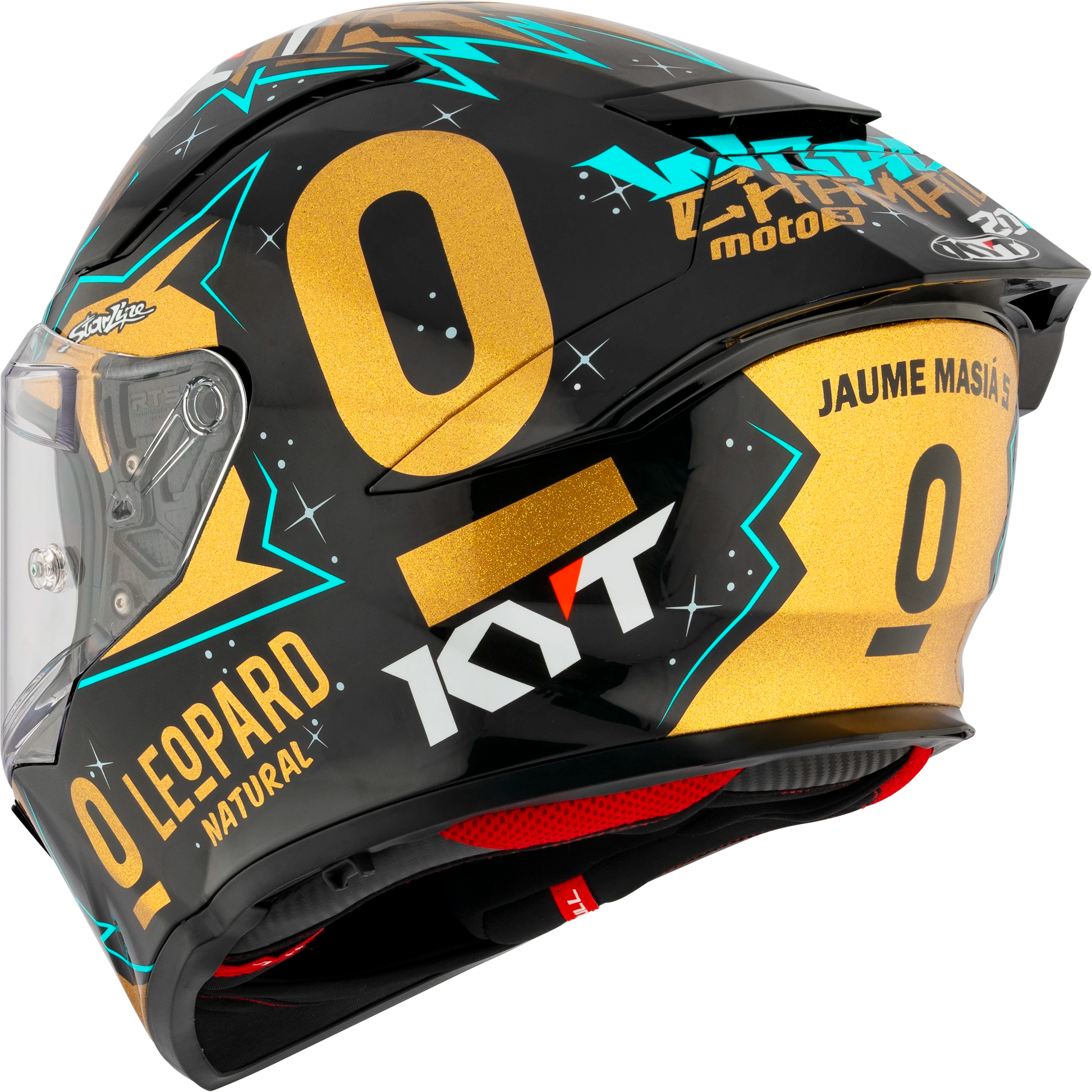 Rear Left Quarter View of KYT R2R Masia World Champion 2023 Replica Motorcycle Helmet