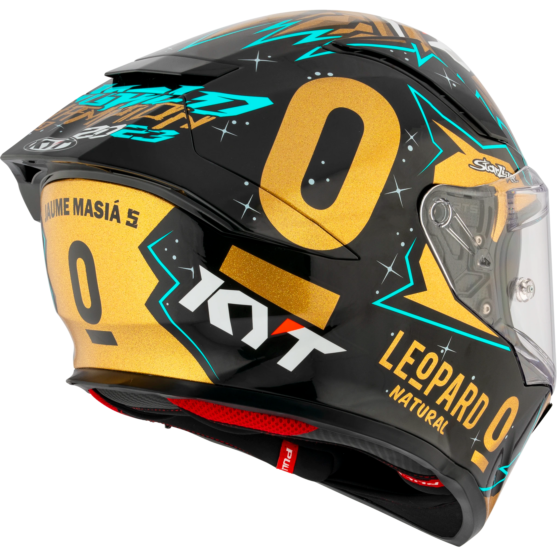 Rear Right Quarter View of KYT R2R Masia World Champion 2023 Replica Motorcycle Helmet