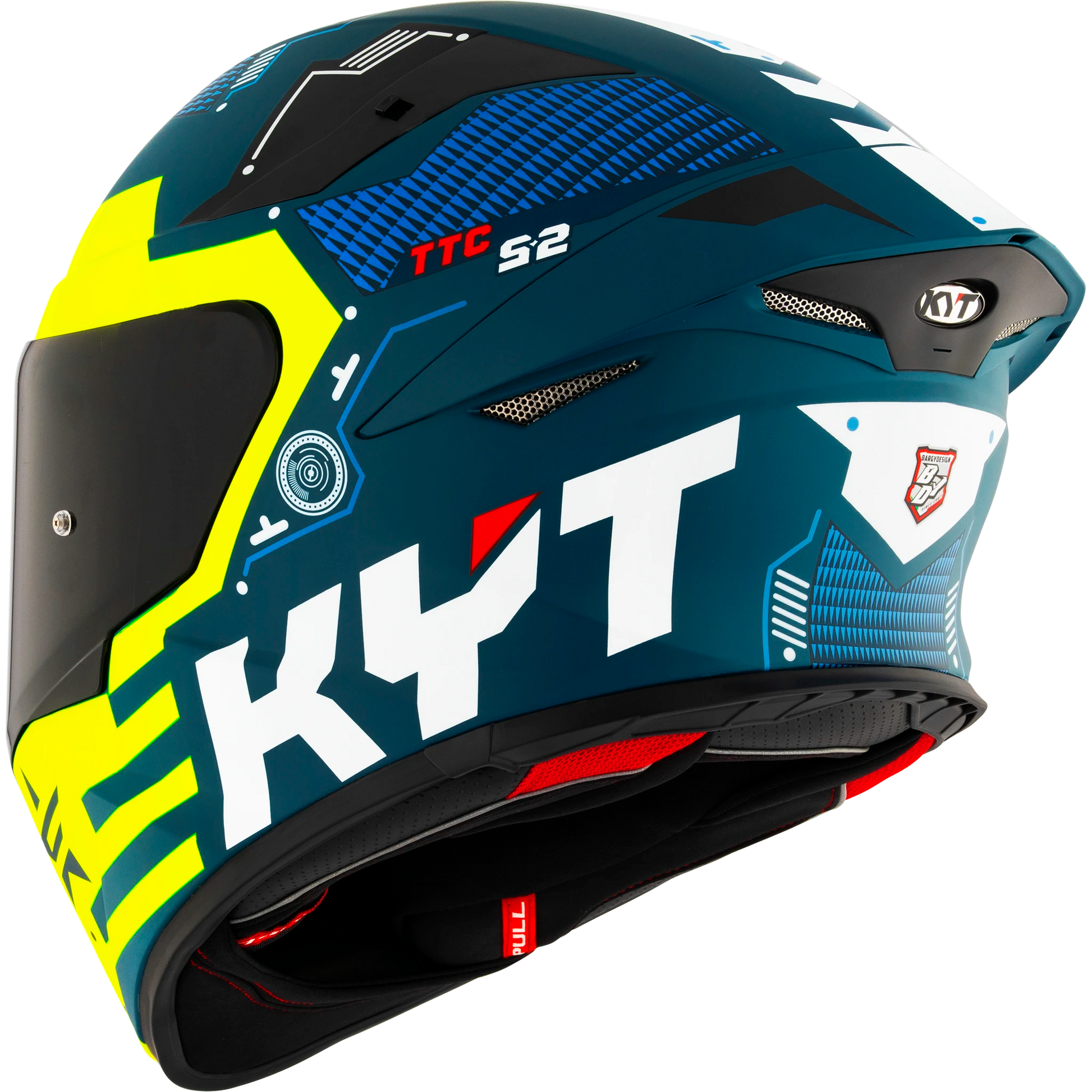 Rear Left Quarter View of KYT TT-REVO Fuselage Matte Yellow Motorcycle Helmet