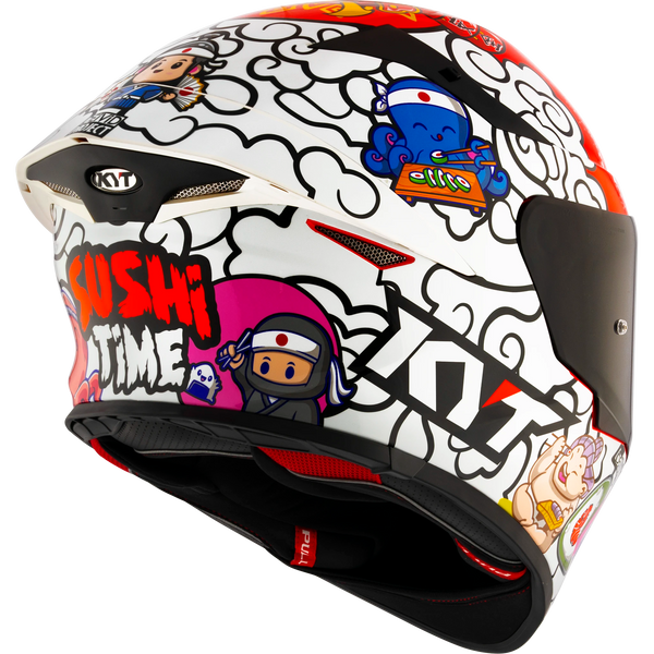 Rear Right Quarter View of KYT TT-REVO Sushi Time Motorcycle Helmet