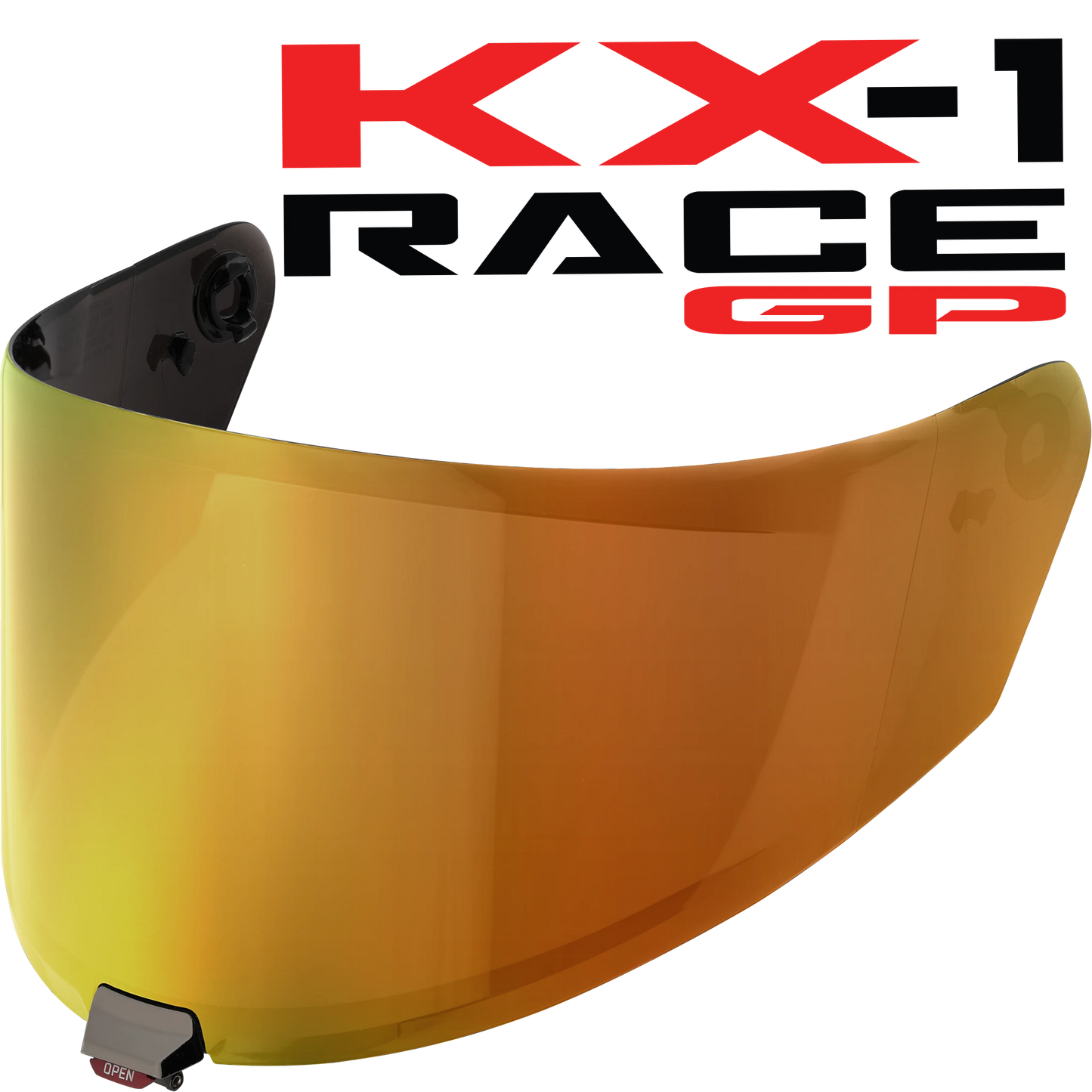 Front Quarter View of KYT KX-1 Race GP Iridium Gold Visor