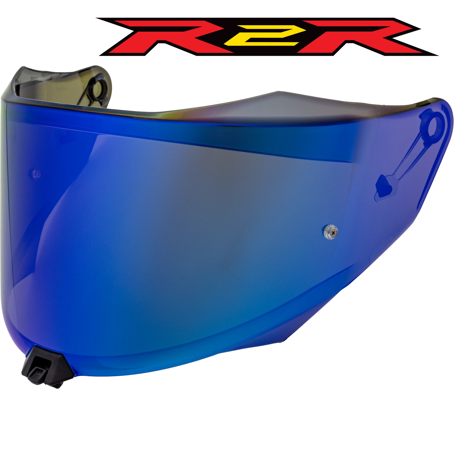 Front Quarter View of KYT R2R Iridium Blue Visor with R2R logo