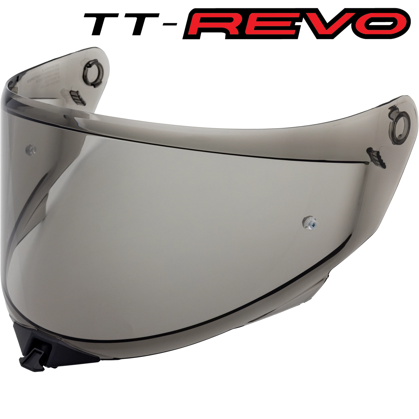 Front Quarter View of TT-REVO light smoke Visor with TT-REVO logo