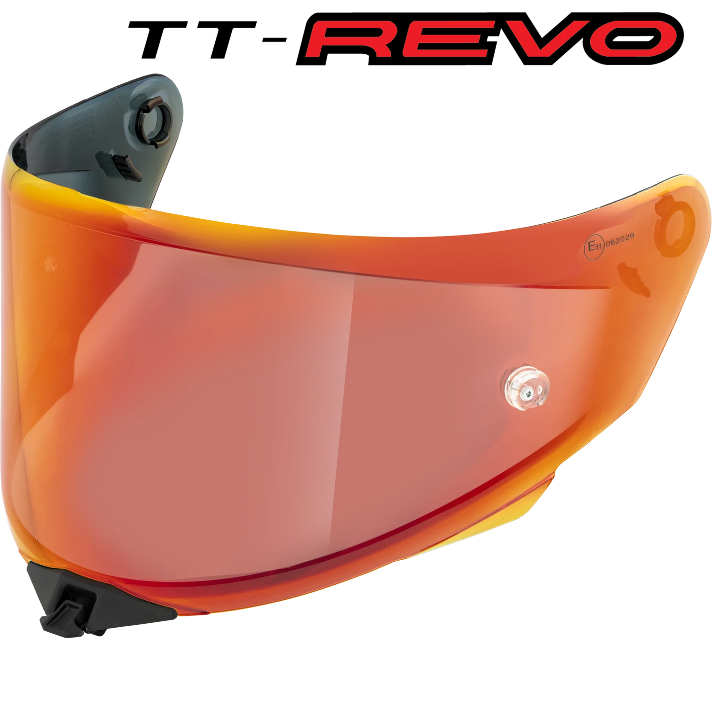 Front Quarter View of TT-REVO Iridium Red Visor with TT-REVO logo