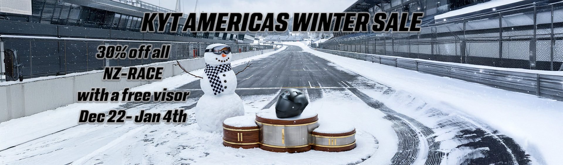 Promotional banner for KYT Americas winter sale with snowman and snowflakes on a snowy background. Showcasing a KYT NZ-Race Motorcycle Helmet.