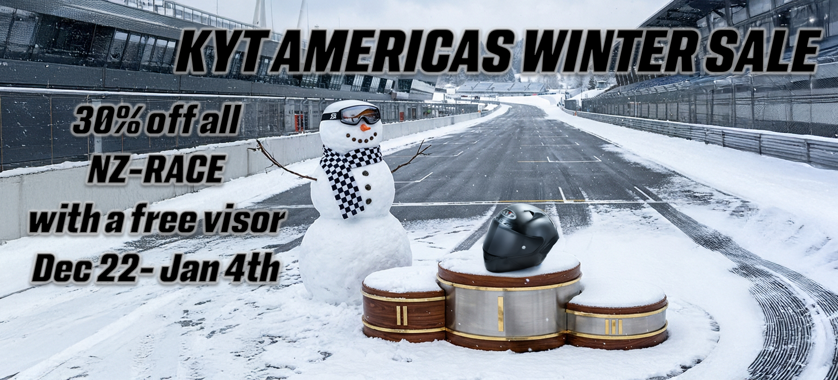 KYT Americas Winter Sale banner with a snowman on a race track and a KYT NZ-Race motorcycle helmet on a podium