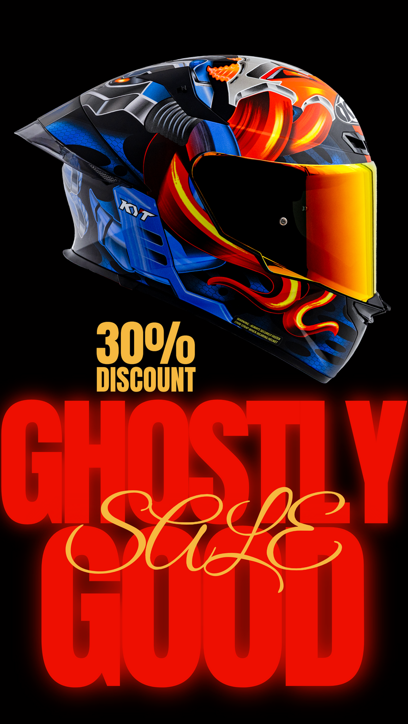 Mobile banner for KYT TT-REVO Magnet colorway motorcycle helmet with promotional text for the 2025 Halloween sales event on a black background