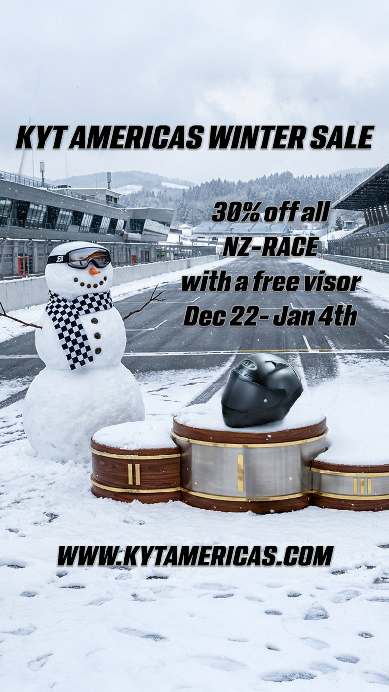Snowman with goggles and a snow-covered race track background, promoting KYT Americas winter sale. Showcasing a KYT NZ-Race Motorcycle Helmet.