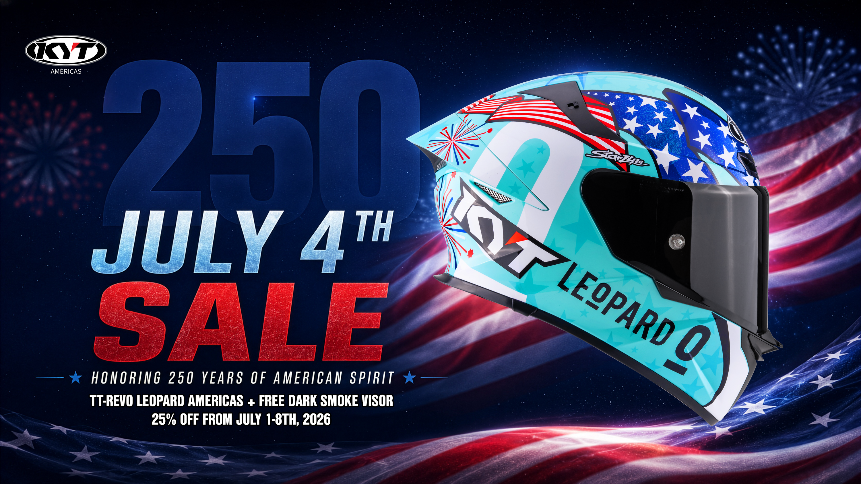 Promotional graphic for a July 4th sale featuring a KYT TT-REVO Leopard Americas motorcycle helmet with American flag design on an American flag background.