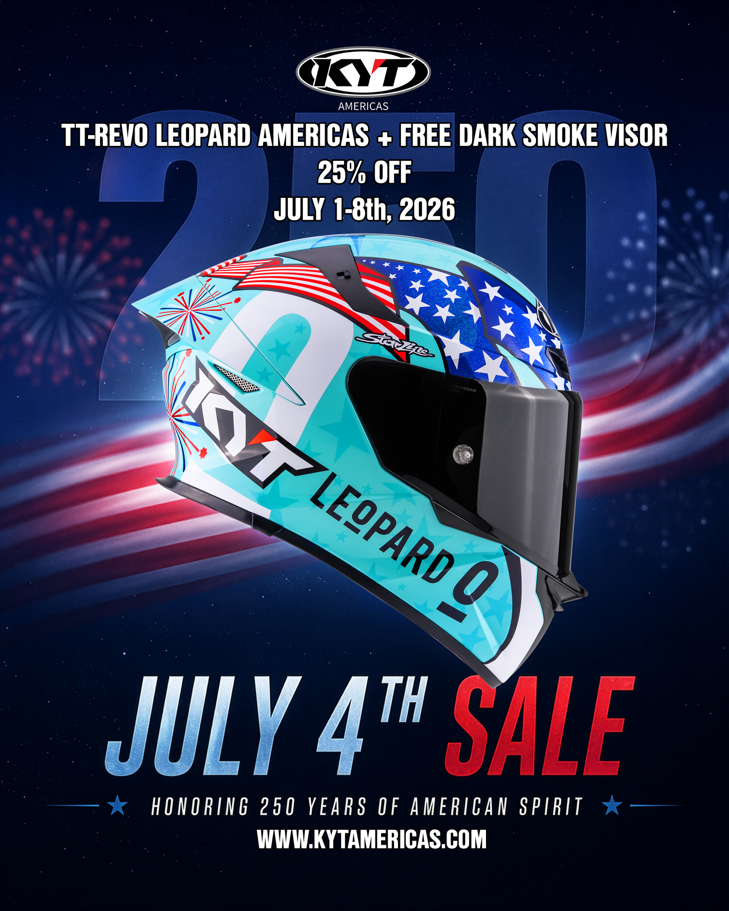 Promotional poster for KYT Americas TT-REVO Leopard Americas motorcycle helmet with July 4th 2026 sale details