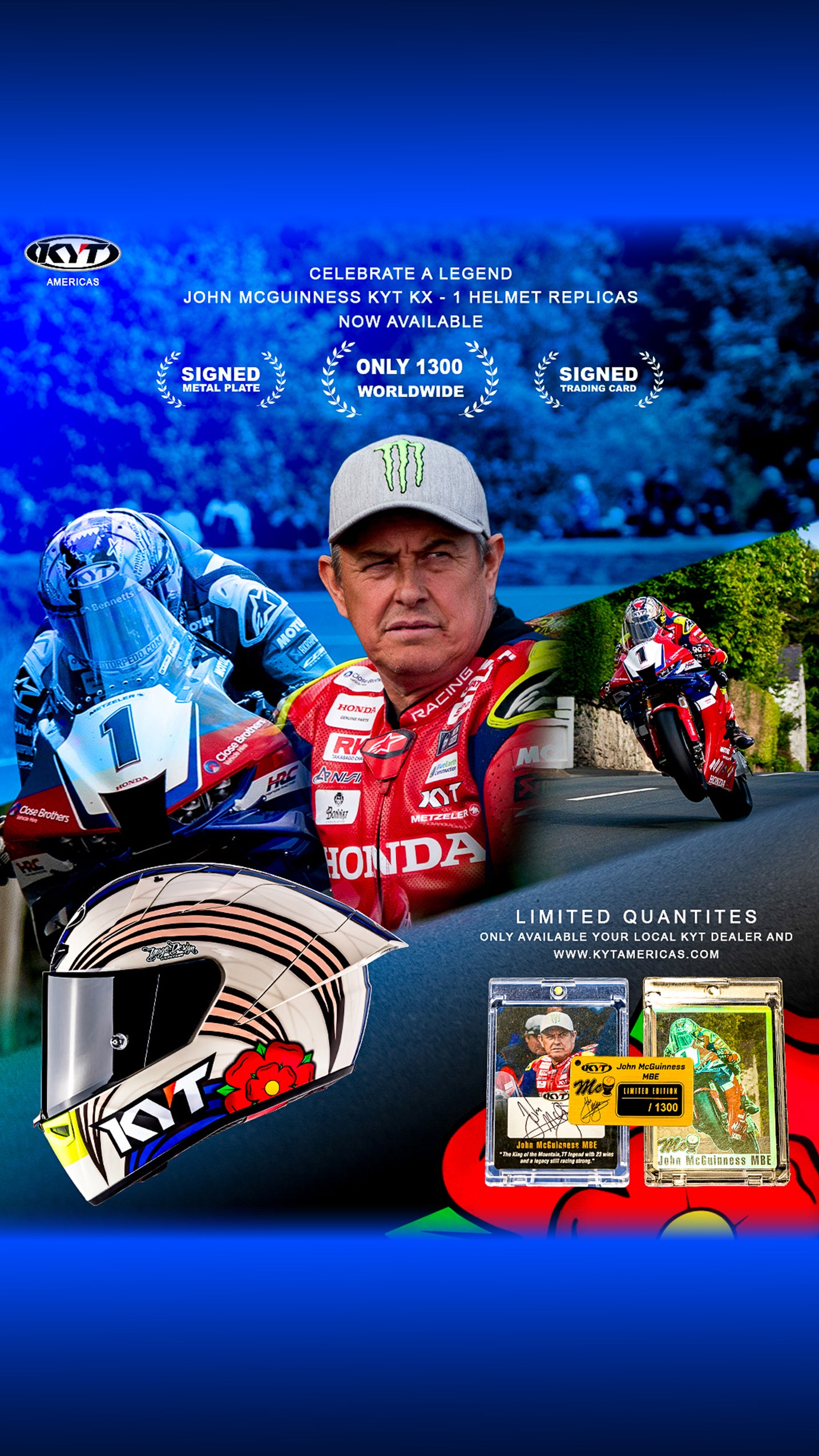 Promotional image for a KYT KX-1 Race GP John McGuinness MBE motorcycle helmet with a limited edition memorabilia special 