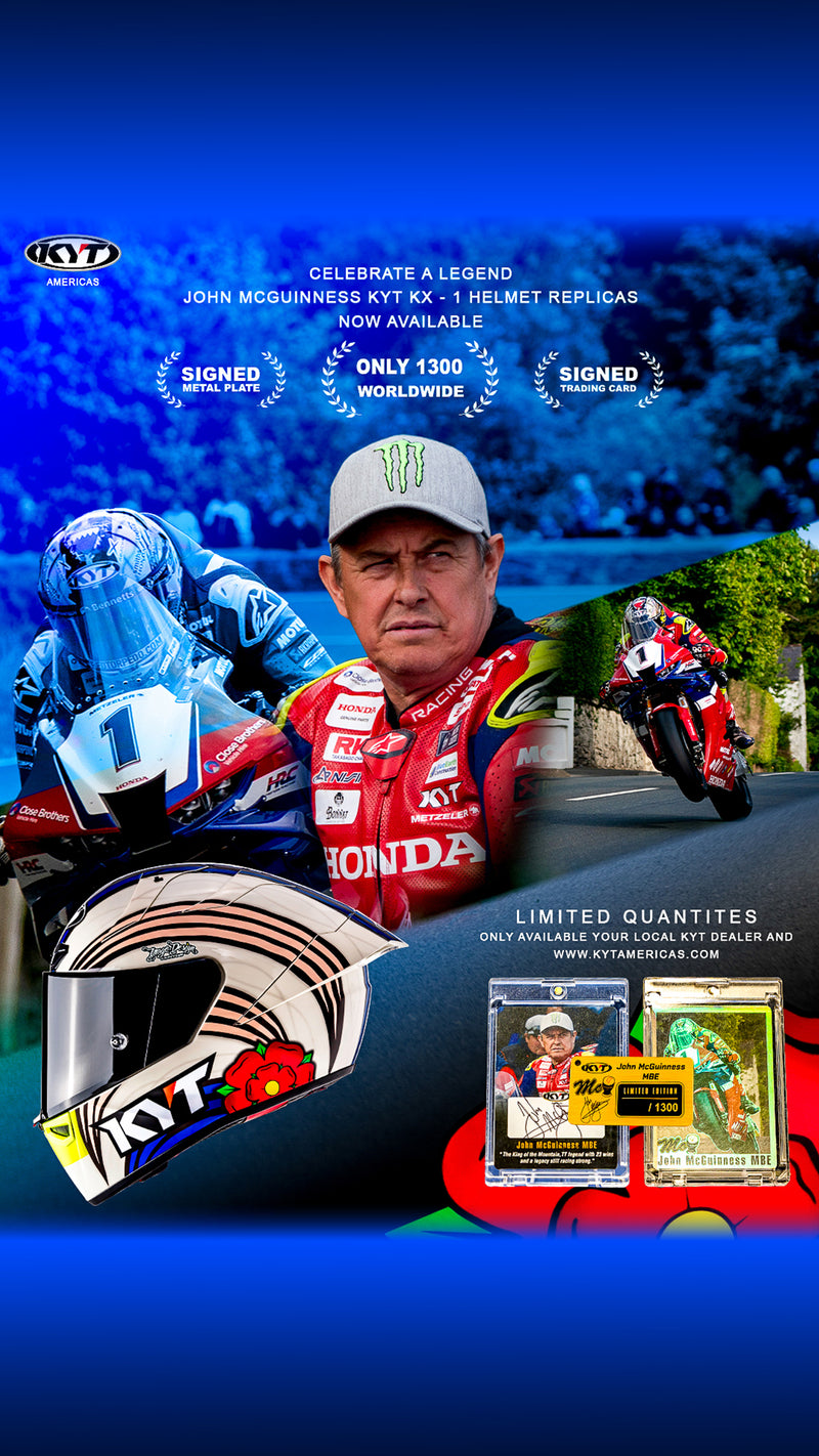 Promotional image for a KYT KX-1 Race GP John McGuinness MBE motorcycle helmet with a limited edition memorabilia special 