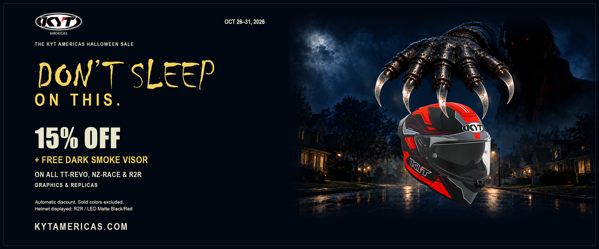 Promotional graphic for KYT America featuring a red and black R2R full-face motorcycle helmet on the right, with a dark clawed hand reaching toward it against a moody night scene. Large text on the left reads 'DON'T SLEEP ON THIS.