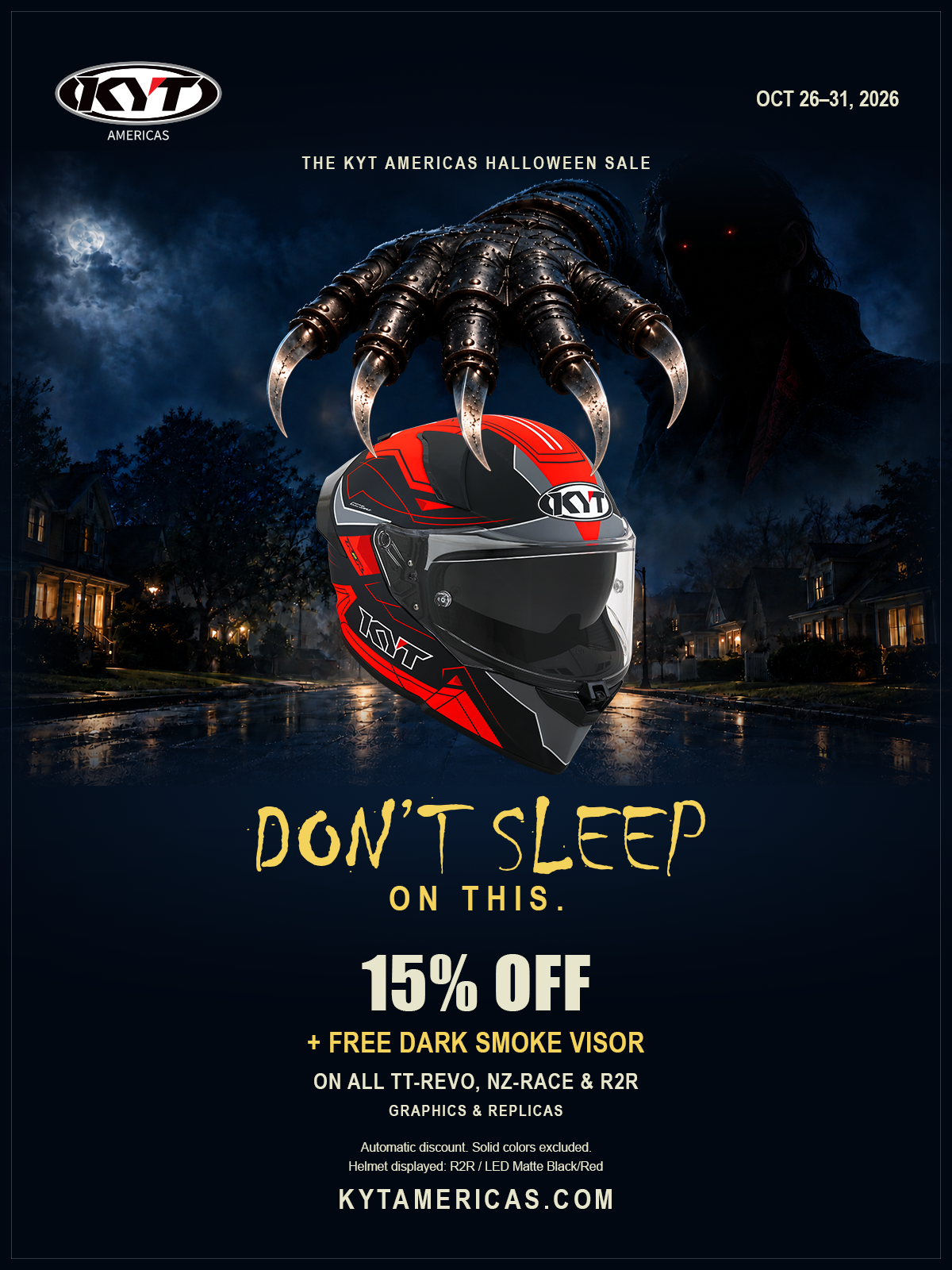 A promotional sale poster for KYT Americas featuring a red and black full-face motorcycle helmet centered under a large metallic clawed hand. The background shows a dark moody nighttime street scene with houses and rain.