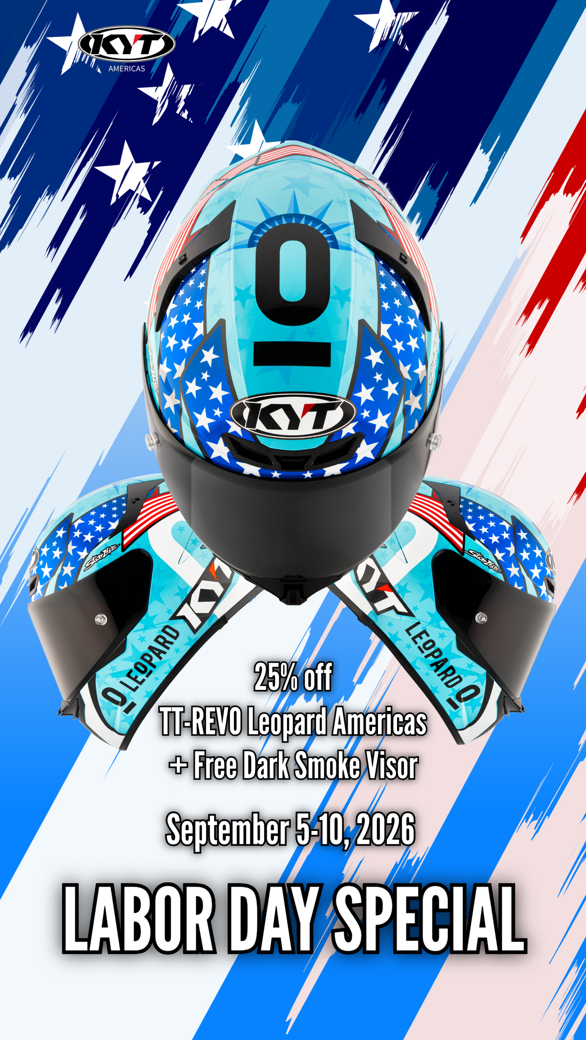 2026 Labor Day Promotional graphic for a KYT TT-REVO Leopard Americas motorcycle helmet. The helmet is shown from the front with a light blue, black, and white American flag-inspired star pattern, and the visor is dark smoke.