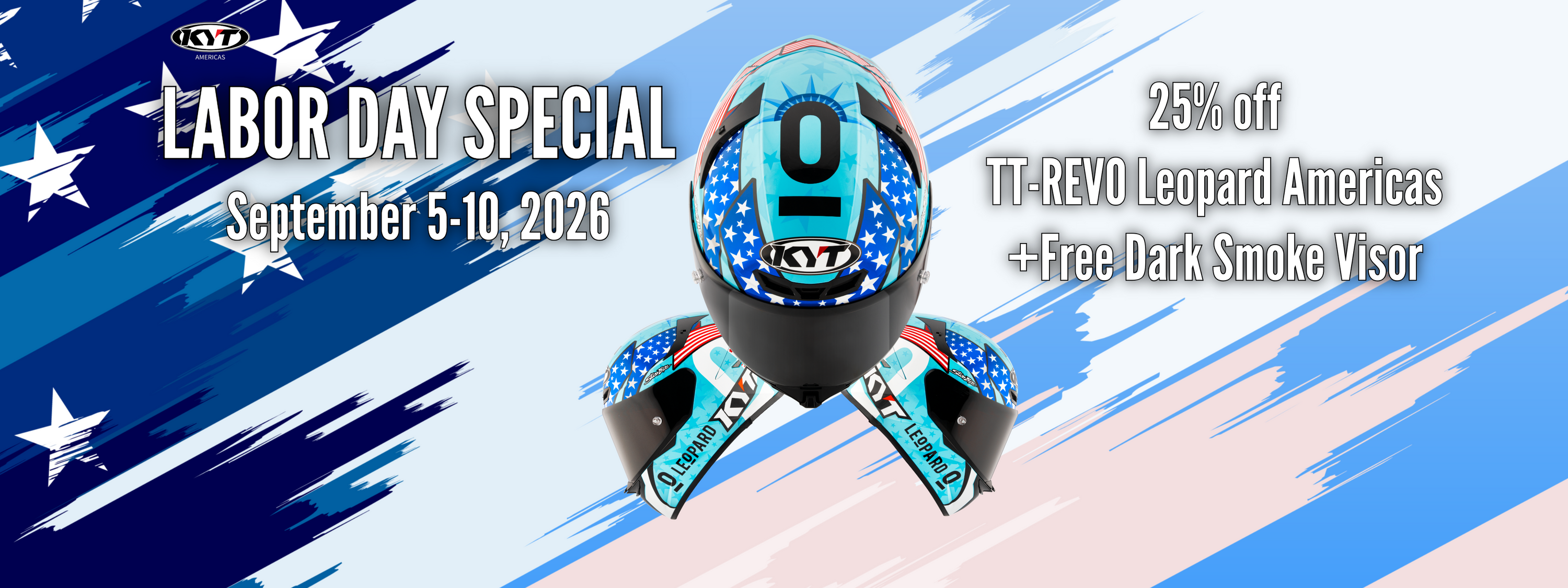 Promotional banner for a 2026 Labor Day special featuring the KYT TT-REVO Leopard Americas motorcycle helmet with, alongside text offering 25% off TT-REVO Leopard Americas and a free dark smoke visor.