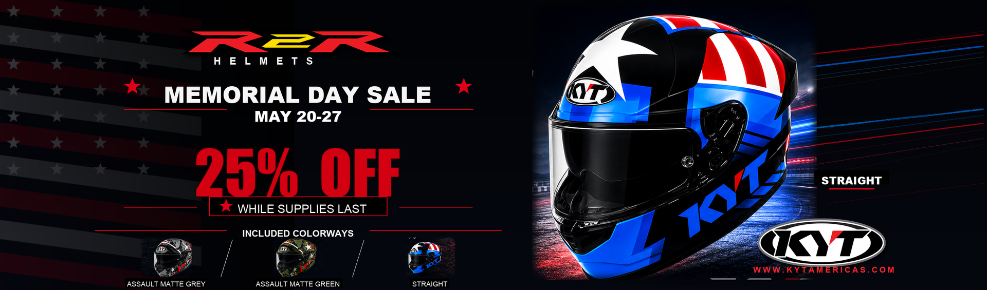 KYT R2R Motorcycle Helmet with R2R logo and Memorial Day sale text on a dark background