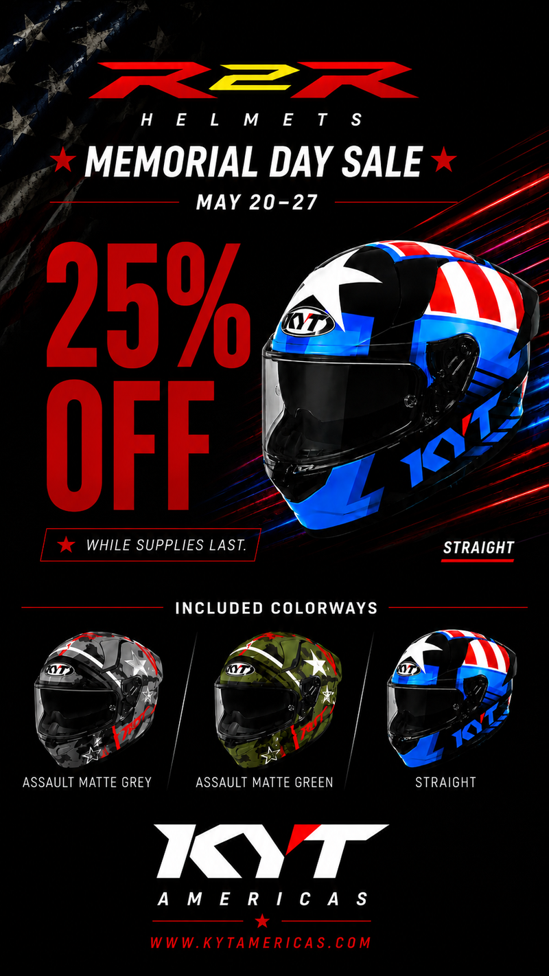 Promotional poster for KYT R2R Motorcycle Helmets Memorial Day Sale with helmet images and discount information.