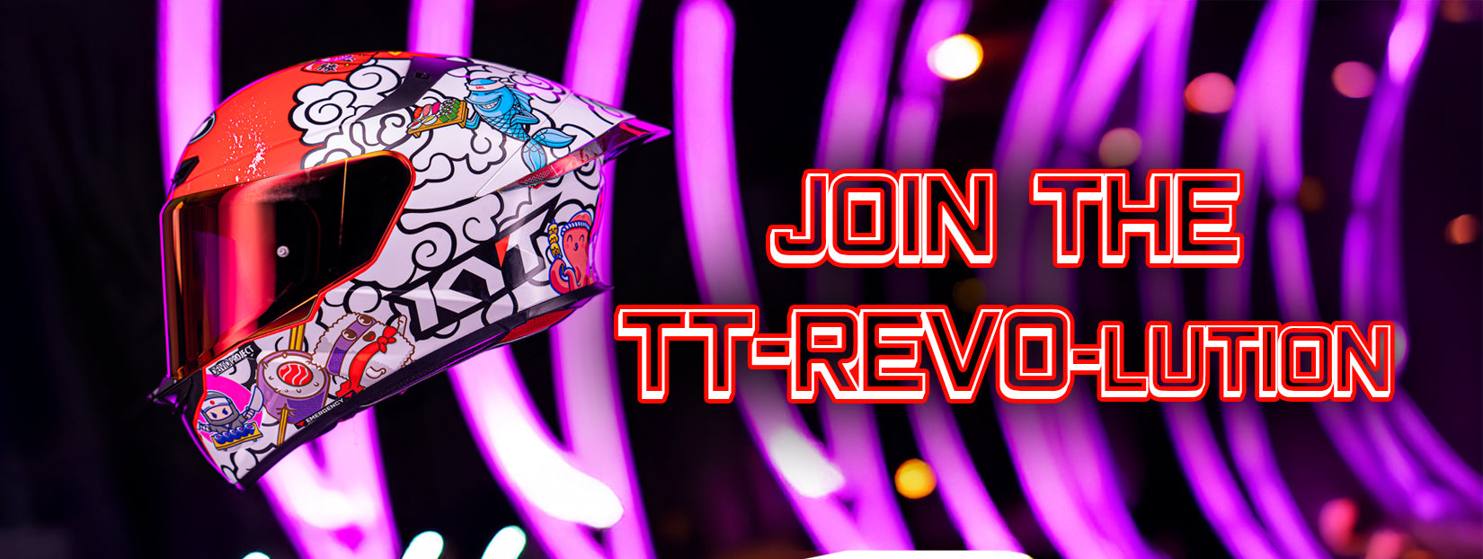 KYT Americas TT-REVO, join the TT-revo-lution product banner, sushi time helmet with neon text