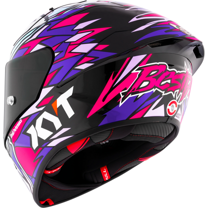 Rear Left Quarter View of KYT KX-1 Bastianini 2023 Replica Motorcycle Helmet