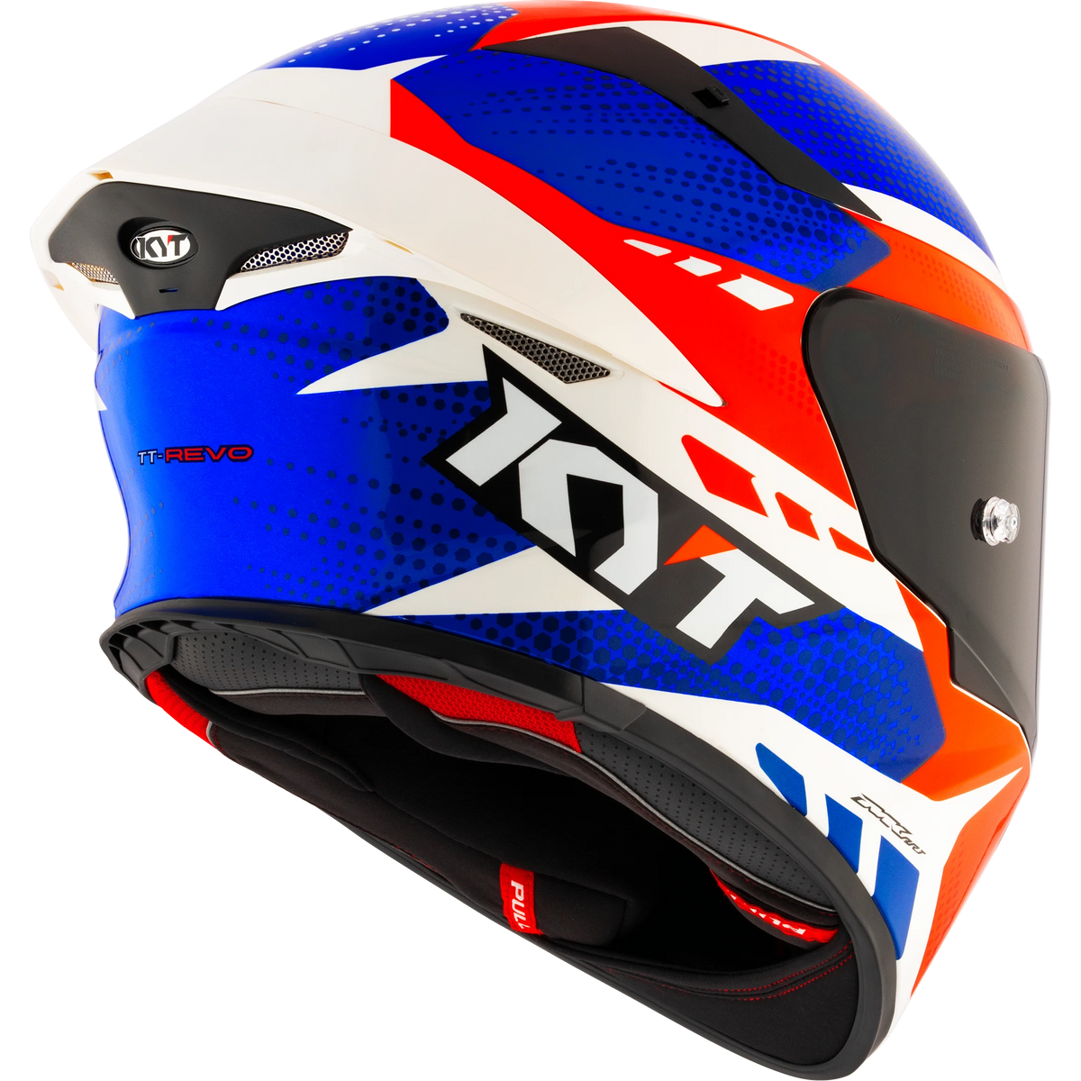 Rear Right Quarter View of KYT TT-REVO Gear Blue Red Motorcycle Helmet