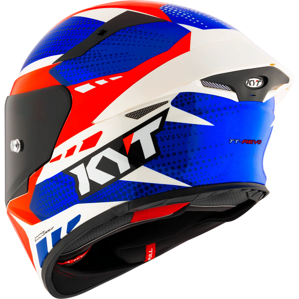 Rear Left Quarter View of KYT TT-REVO Gear Blue Red Motorcycle Helmet