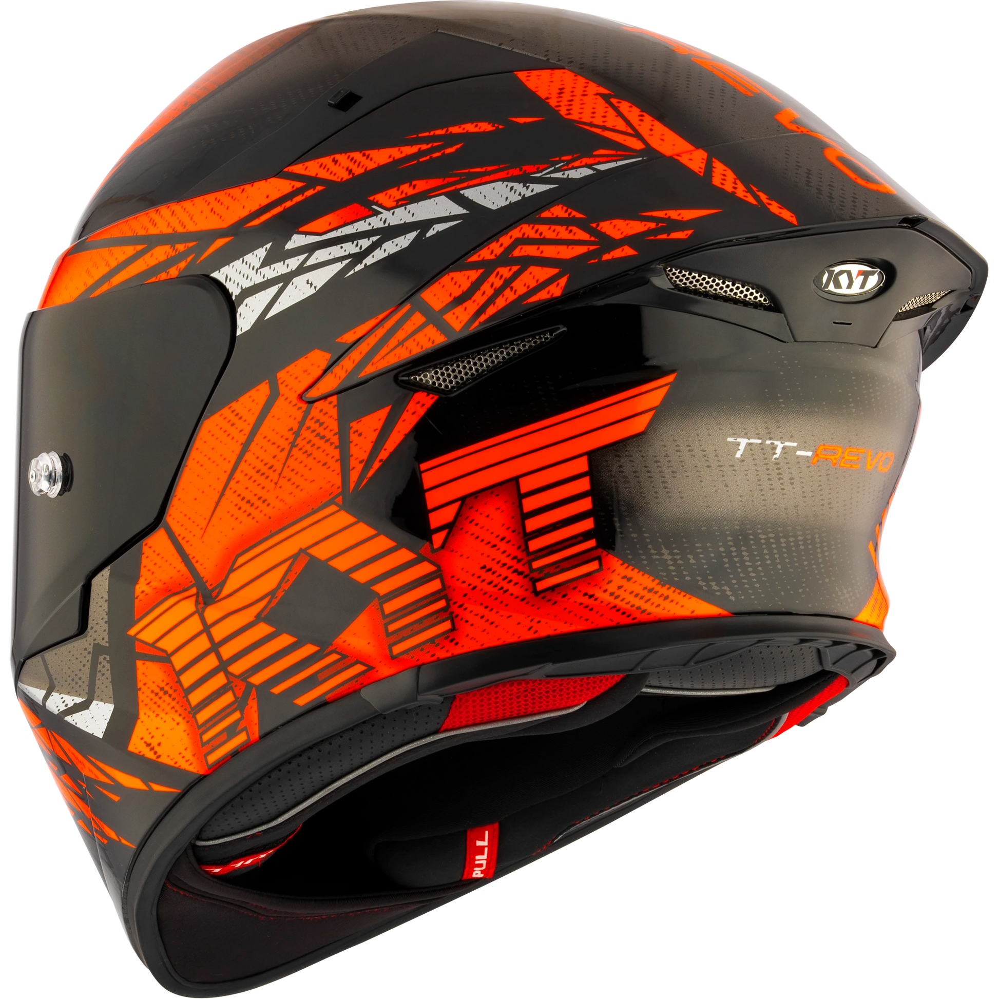 Rear Left Quarter View of KYT TT-REVO Combustion Orange Motorcycle Helmet