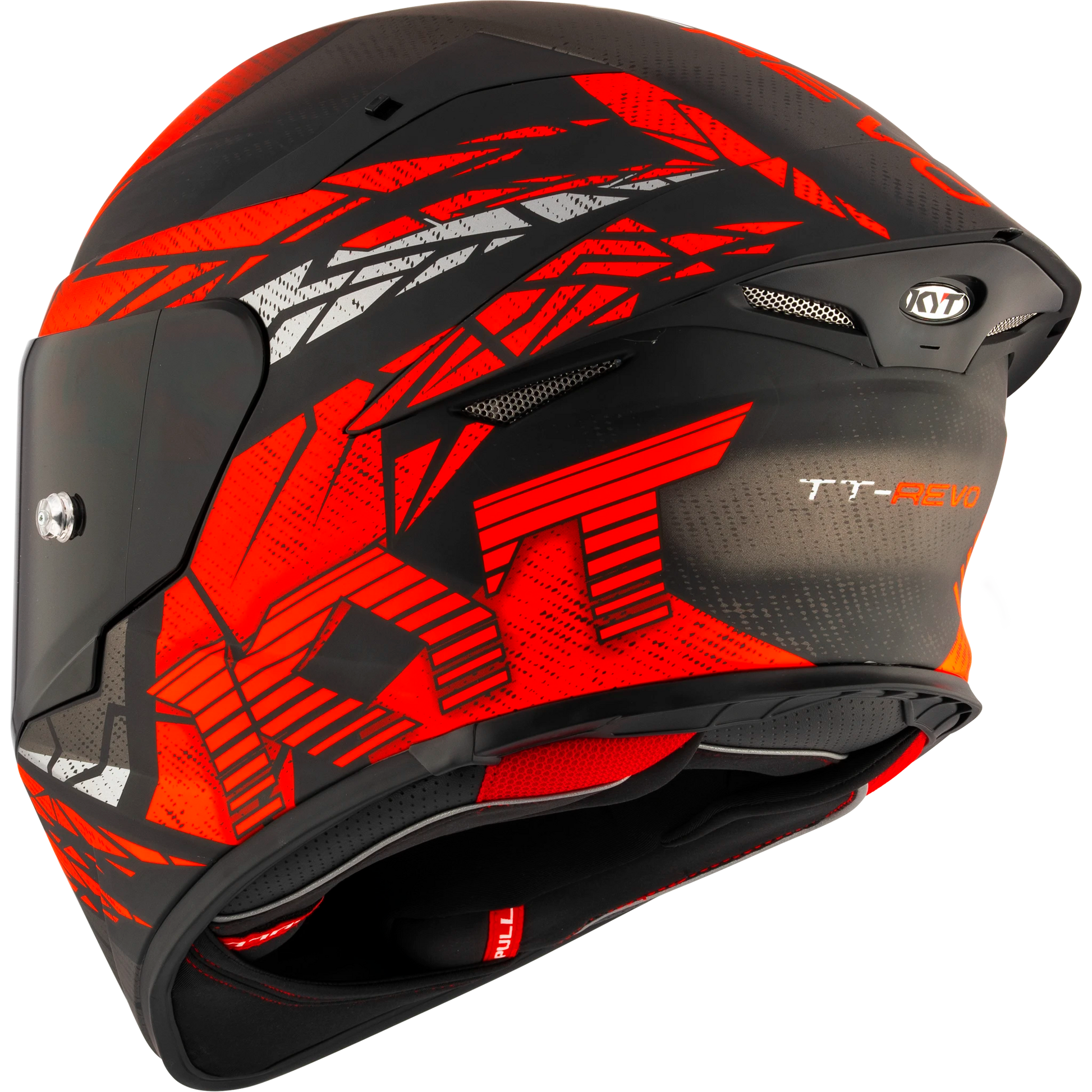 Rear Left Quarter View of KYT TT-REVO Combustion Red Motorcycle Helmet