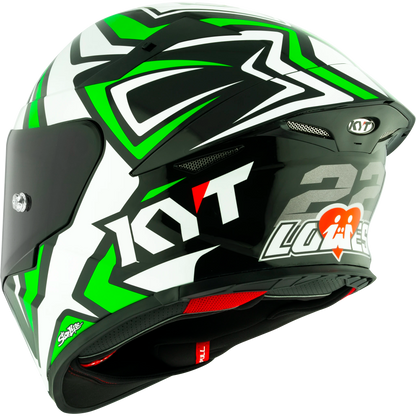 Rear Left Quarter View of KYT TT-REVO Alex Lowes Replica Motorcycle Helmet