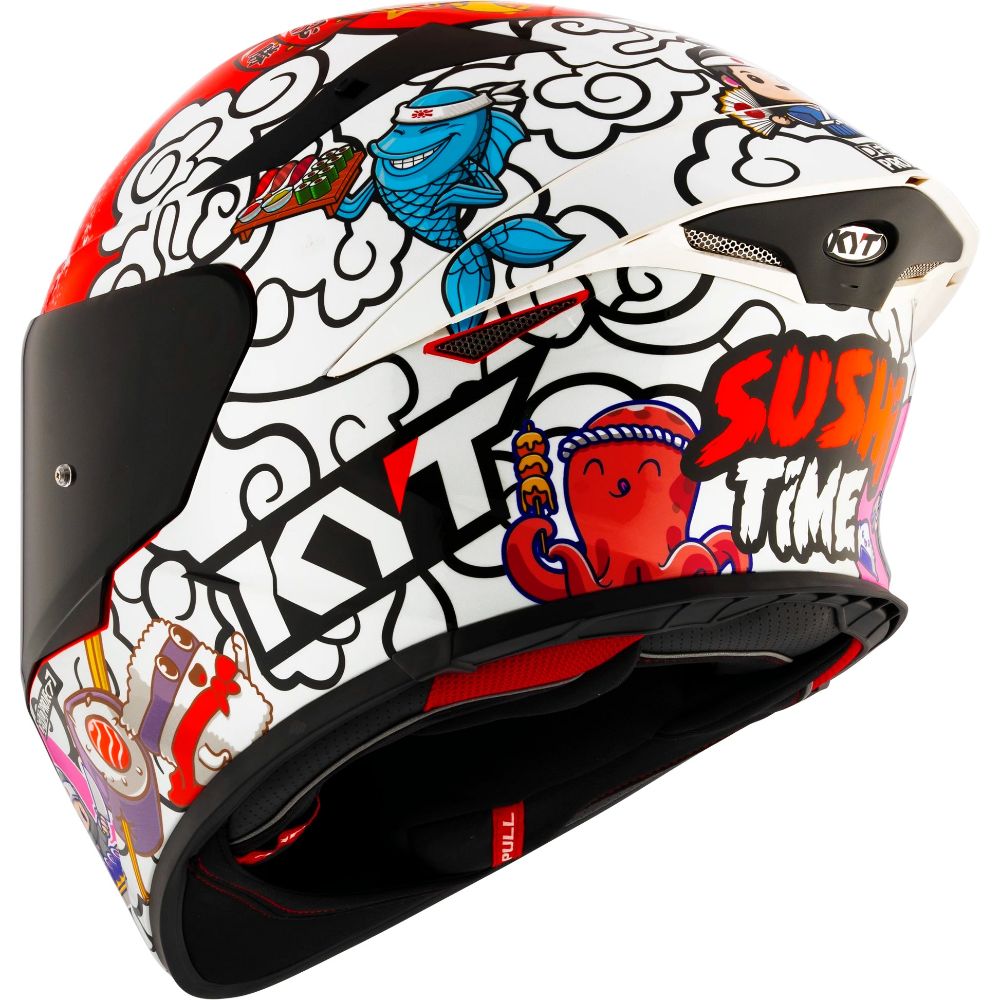 Rear Left Quarter View of KYT TT-REVO Sushi Time Motorcycle Helmet