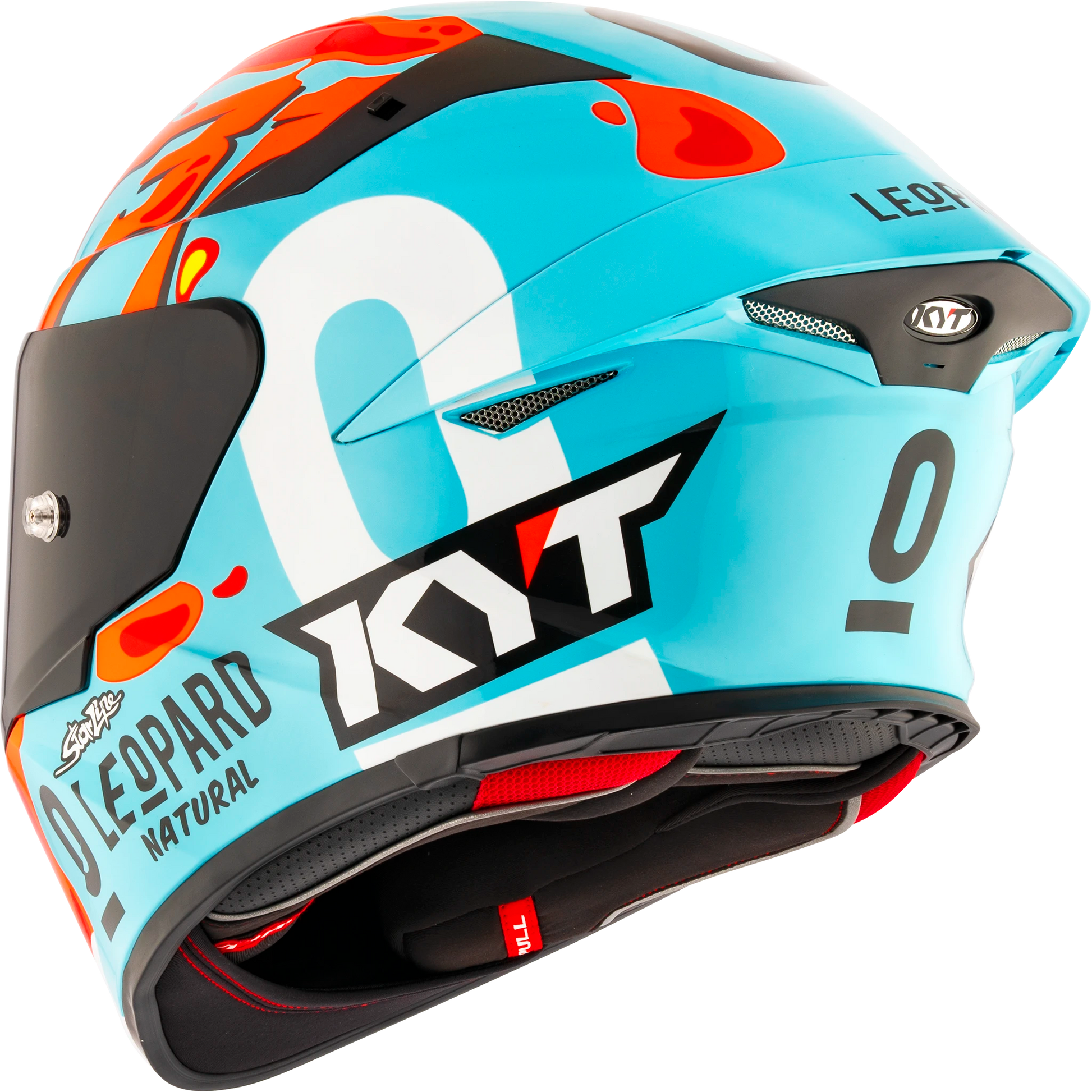 Rear Left Quarter View of KYT TT-REVO Leopard Aragon Replica Motorcycle Helmet