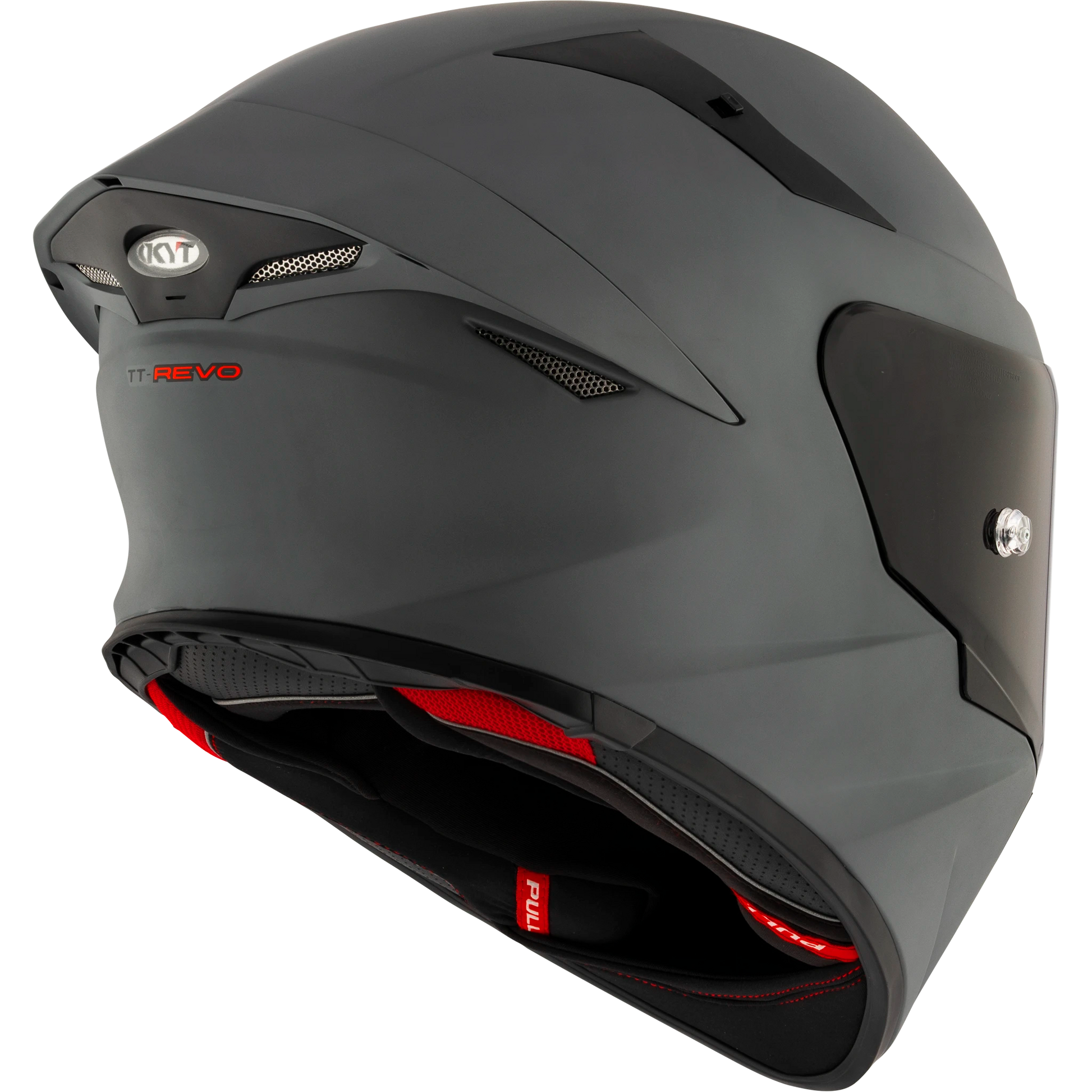 Rear Right Quarter View of KYT TT-REVO motorcycle helmet in Matte Grey