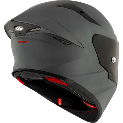 Rear Right Quarter View of KYT TT-REVO motorcycle helmet in Matte Grey