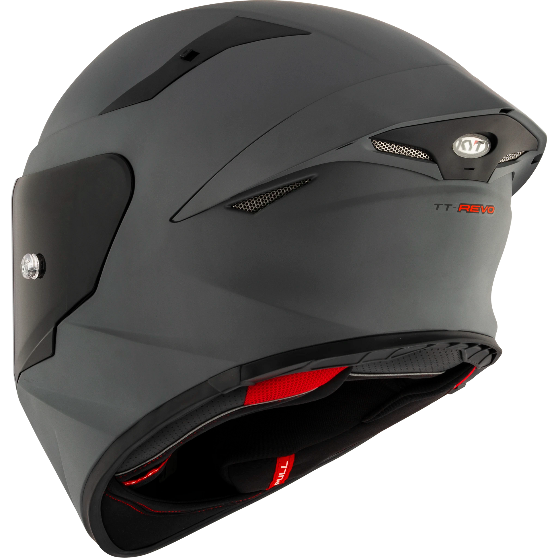 Rear Left Quarter View of KYT TT-REVO motorcycle helmet in Matte Grey