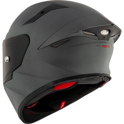 Rear Left Quarter View of KYT TT-REVO motorcycle helmet in Matte Grey
