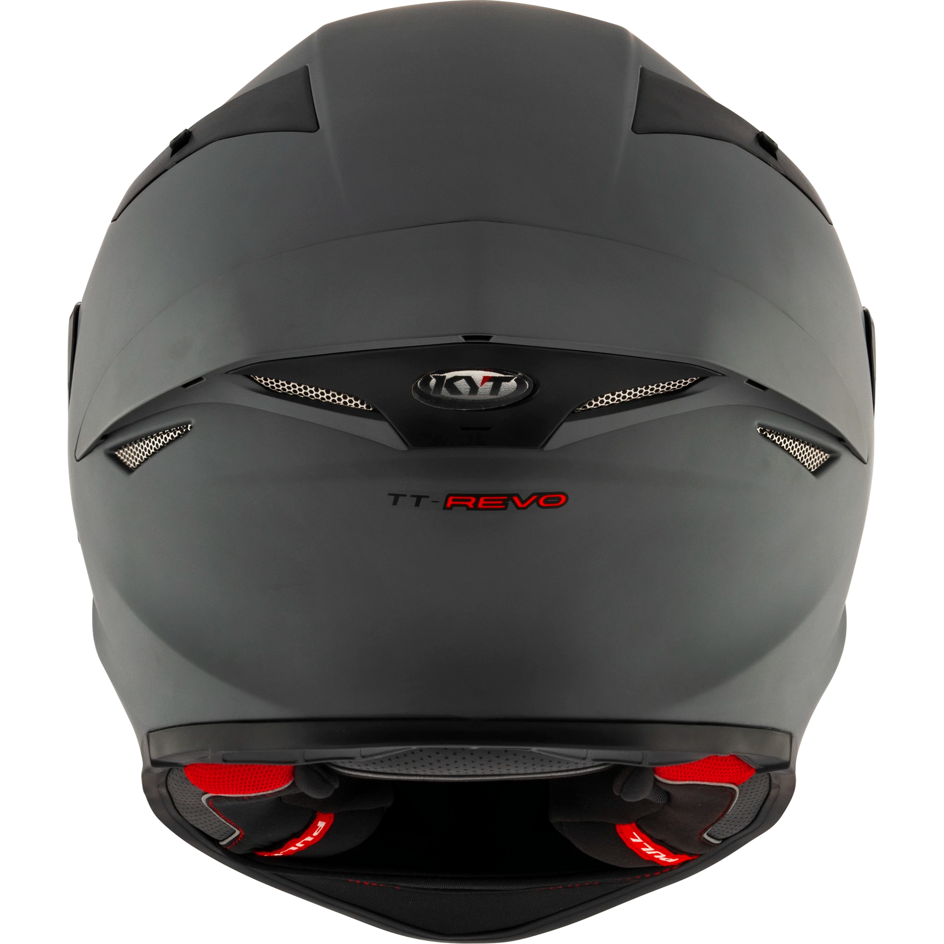 Rear View of KYT TT-REVO motorcycle helmet in Matte Grey