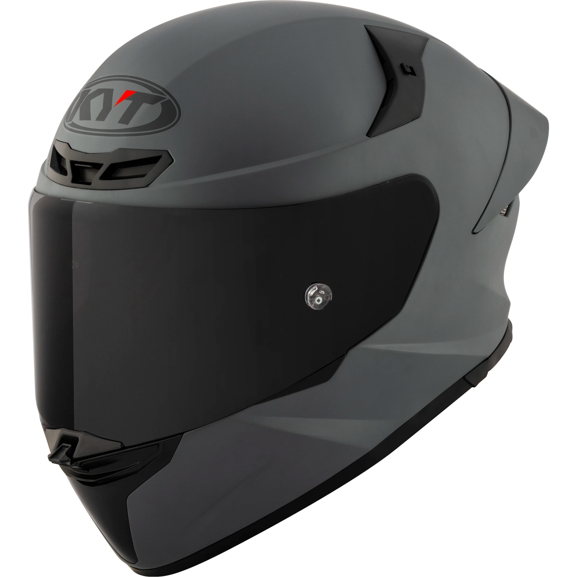 Front Left Quarter View of KYT TT-REVO motorcycle helmet in Matte Grey
