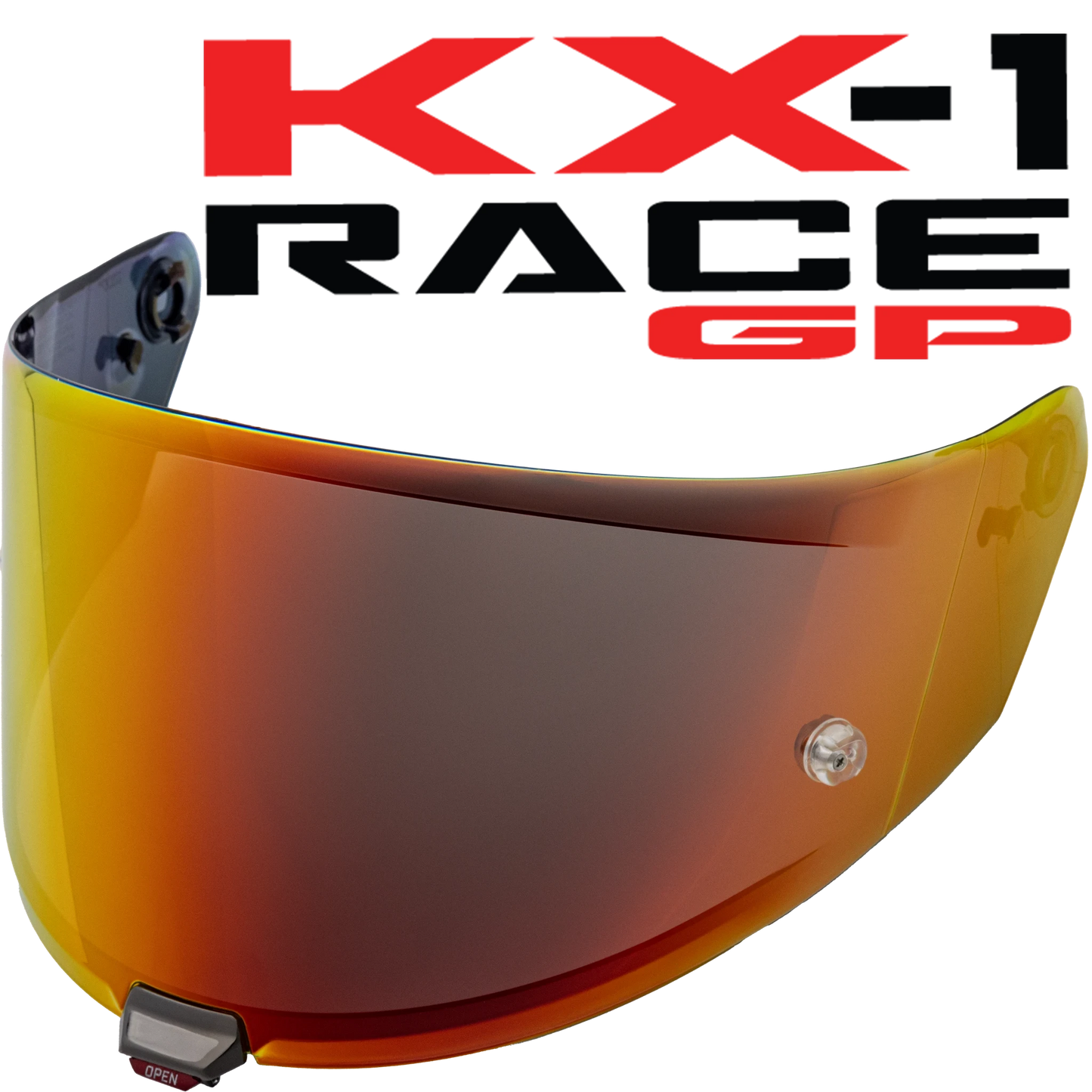 Front Quarter View of KYT KX-1 Race GP Iridium Red Visor