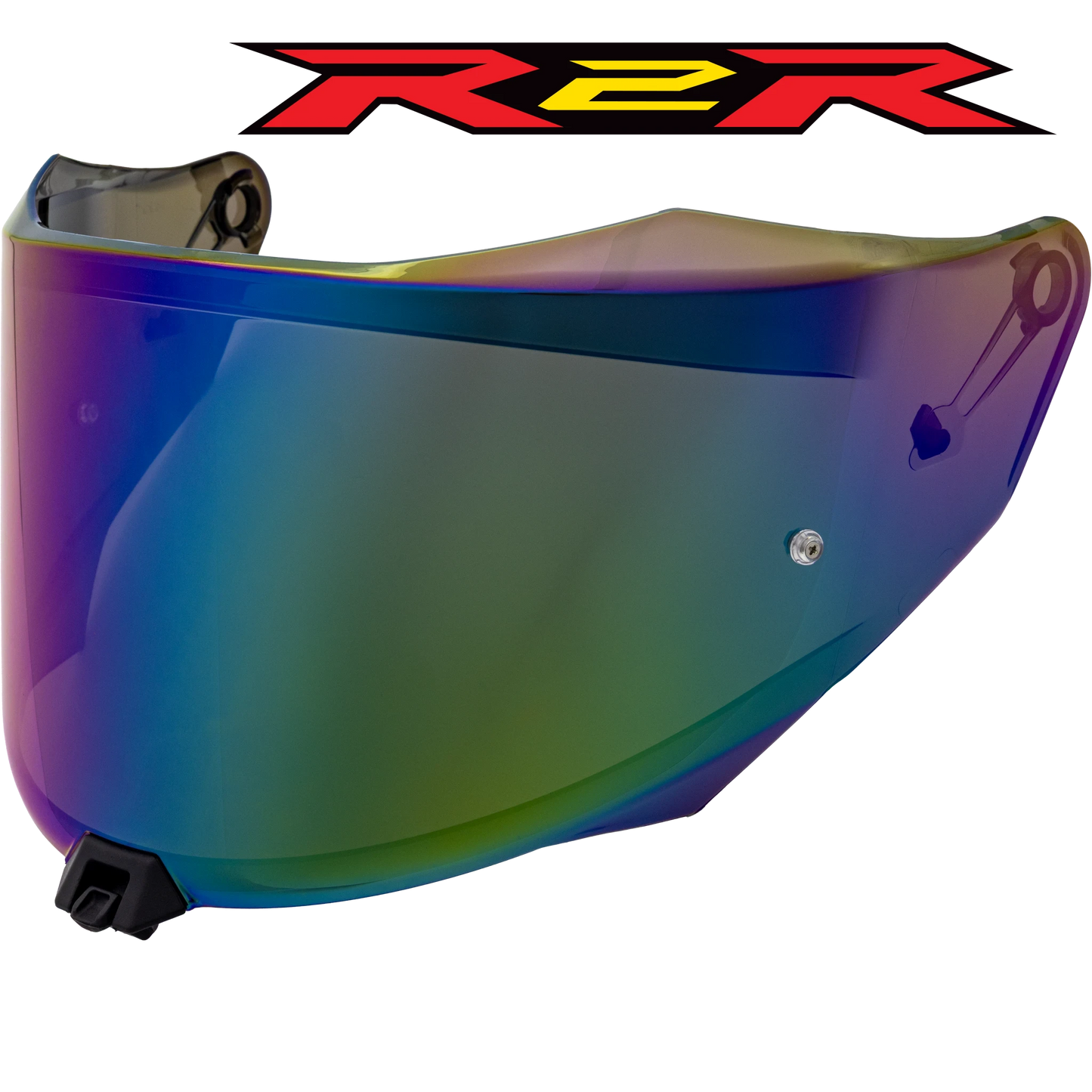 Front Quarter View of KYT R2R Iridium Rainbow Visor with R2R logo