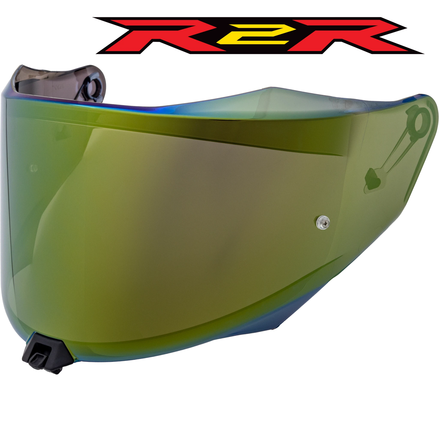 Front Quarter View of KYT R2R Iridium Green Visor with R2R logo