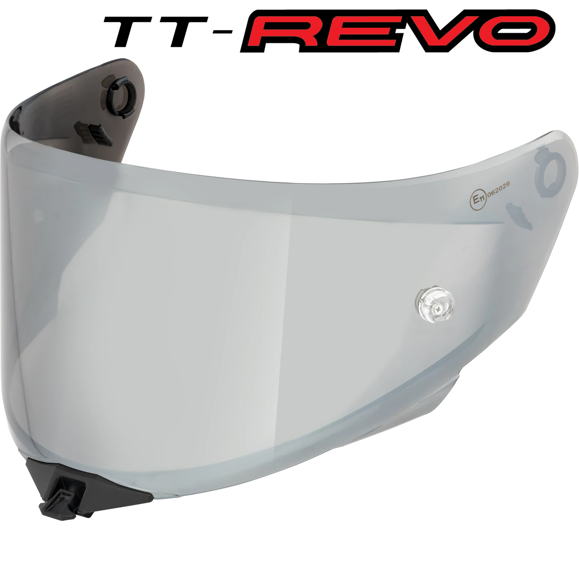 Front Quarter View of TT-REVO Iridium Chrome Visor with TT-REVO logo